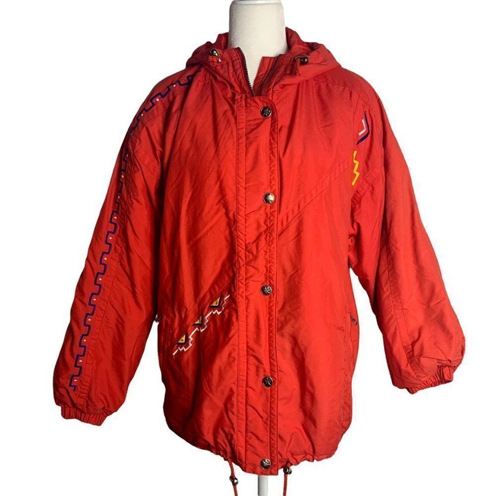 Vintage 90s Kaelin Winter Ski Hooded Jacket M Red Parka Aztec Toggle Waist